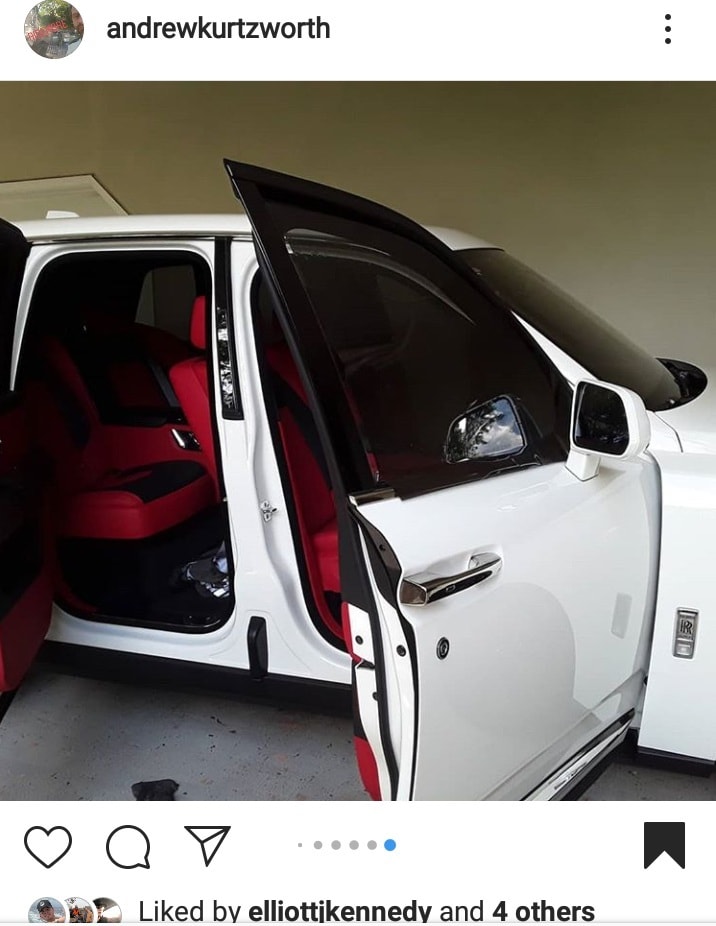 Rolls-Royce white luxury vehicle with dark window tint and red interior